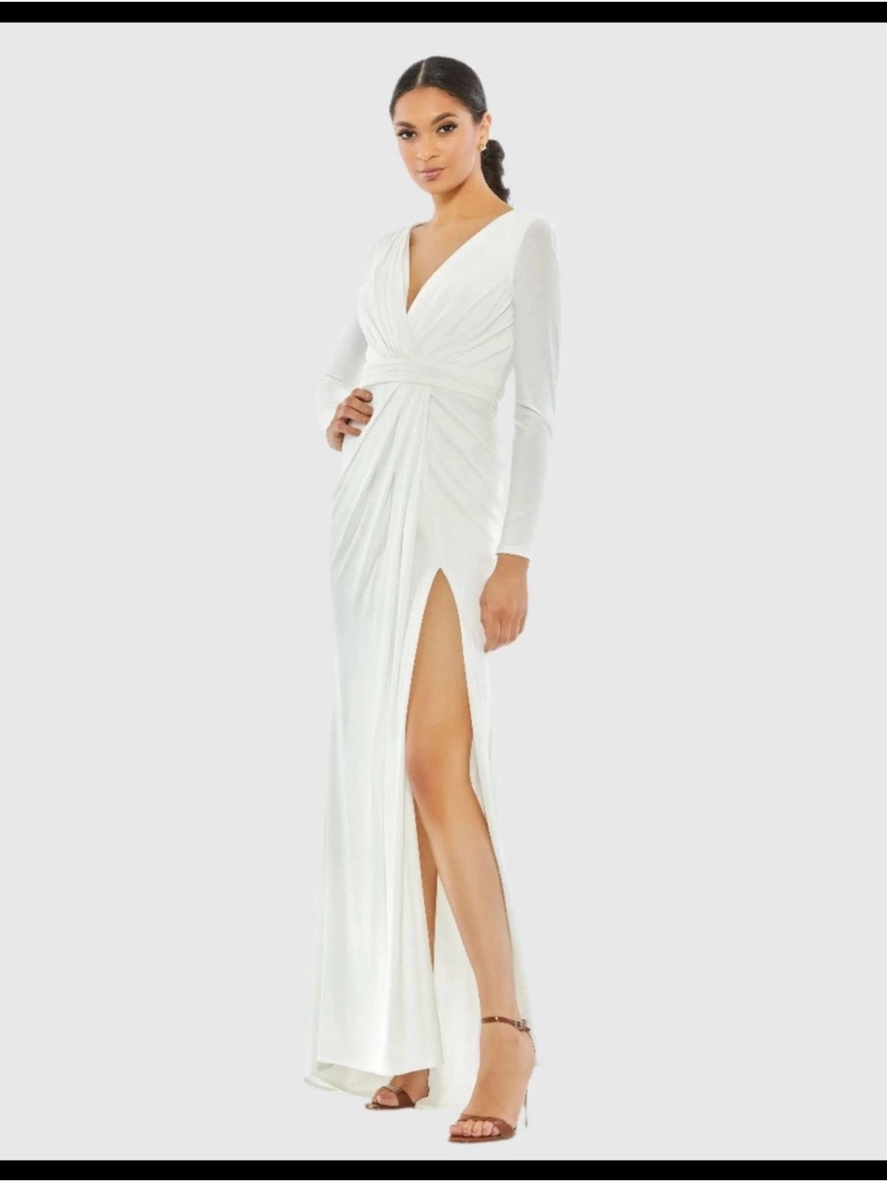 Ileena Mac Duggal White Long-Sleeve V-Neck Ruched Gown with High Slit